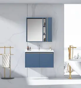 Vendita diretta della fabbrica parete di montaggio blu specchio Led bagno vanità compensato in legno moderno mobiletto del bagno