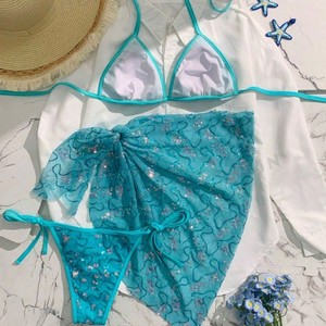 Summer Women's <strong>Blue</strong> <strong>Sequin</strong> Spaghetti Strap Halter Holiday Sexy Beach Three-Piece Spandex/Polyester Bikini <strong>Swimsuit</strong> SSY610 - Product Image 3