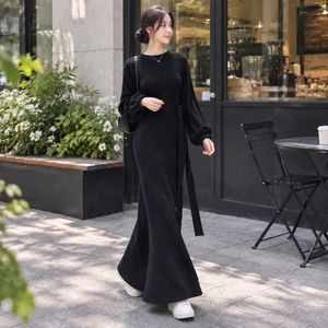 Women's Black Knitted Maxi <b>Sweater</b> Dress Long Sleeve Crew Neck Fit And Flare With Belt Autumn Wear - Product Image 2