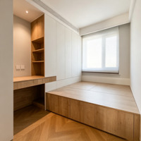 Ensemble de chambre à coucher intégré de style bois minimaliste moderne avec armoire et bureau personnalisés, tiroirs de rangement et lit bas tatami