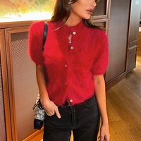 Amerikanischer Vintage Halbhoher Kragen Slim Fit Kurzarm-Strickjacke für Damen, Modische Einreihige Mohair-Strickjacke