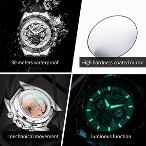 Montre mécanique automatique pour homme, livraison directe, boîtier en acier inoxydable Hangzhou, bracelet en silicone, phase de lune ajourée, étanche - Product Image 3