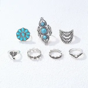 Set cincin geometris etnik wanita, 7 buah/Set cincin jari Pirus dapat disesuaikan Vintage perhiasan Set