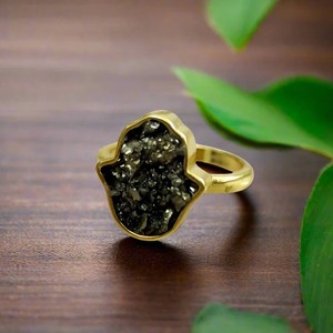 Pyrite Hamsa Hand <b>Ring</b>, <b>Adjustable</b>, Unisex - Product Image 1
