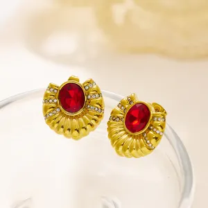 XIXI Bijoux Plaqu Or Zircon Vintage Burgundy Crystal Stone Zircon Never Fade 18k Gold Plated Luxury Fashion Jewelry Earrings