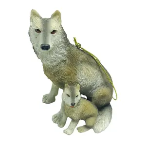 Handgeschilderde Hars Breed Dier Beeldje Moeder En Baby Wolf Standbeeld Opknoping Kerst Ornamenten
