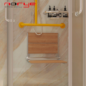 Tabouret de bain pliable Norye, monté au mur, en acier inoxydable, avec siège en bois et dossier pour salle de bain - Product Image 2