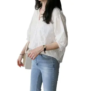 Wholesale New Fashion Tops Female Stand-up Collar Embroidery Skeleton Shirt Temperament Five-minute Sleeve Versatile Blouse