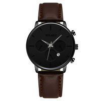 Montre Homme Tendance à Trois Yeux avec Calendrier, Bracelet en Cuir, Mouvement Quartz, Personnalisation Usine, Vente Chaude