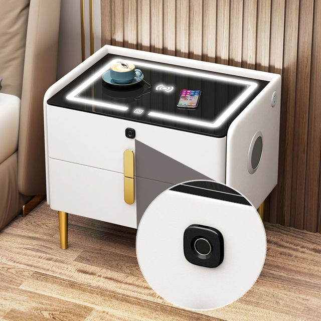 Wooden Smart Nightstand with 2 Drawers | Wireless Charging Station, Bluetooth Speaker & Fingerprint Unlock | Ideal for Bedroom