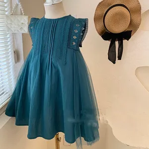 2022 летние платья для девочек бирюзовое Сетчатое кружевное платье-жилет без рукавов вечернее стильное детское платье принцессы