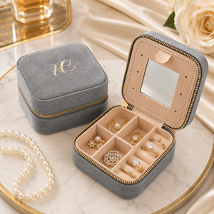 Velvet Jewelry Box Square Zipper Closure Elegant Organizer with Mirror and Compartments for Earrings Necklaces Rings - Product Image 1