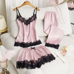 European and American sexy women's sleepwear <b>set</b>, <b>suspender</b> shorts, three-piece <b>set</b>, plus size loungewear/pajamas - Product Image 1