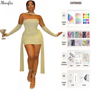 Abito Beige Monospalla a Manica Lunga con Guanti Trasparenti, Corpetto Aderente, Mini Abito Sexy da Sera per Donna - Product Image 1