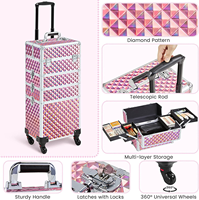 Valise de maquillage professionnelle en aluminium résistante à l'eau, avec roulettes, fermeture éclair à motif fileté, poignée souple, pliable
