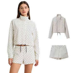 Beige Color Zipper <b>Fly</b> Turtleneck Collar Long Sleeve Loose <b>Jacket</b> Coat Polka Dot Print Shorts Casual Fashion <b>Women</b> 2 Piece Set - Product Image 1
