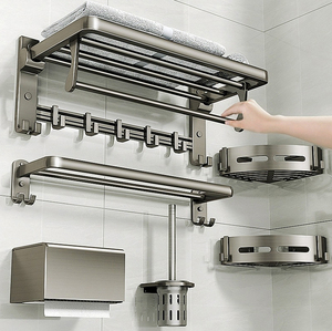 All'ingrosso personalizzato in acciaio inossidabile doppio portasciugamani gancio pieghevole bagno appendiabiti da bagno <span class=keywords><strong>Set</strong></span> scaffale per uso domestico - Product Image 1