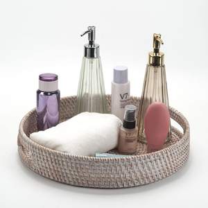 Plateau de table basse rond en rotin blanc tressé moderne et durable avec poignées pour la décoration de la maison et de la cuisine - Product Image 2