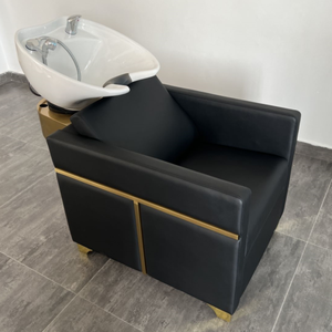 Fauteuil de lavage semi-inclinable en acier inoxydable doré pour salon de coiffure, réglable avec repose-pieds pour barbier - Product Image 2