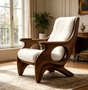 Poltrona Singola Imbottita in Sherpa Bianco con Telaio in Fibra di Vetro Effetto Legno per Interni Residenziali dal Look Mid-century - Product Image 2