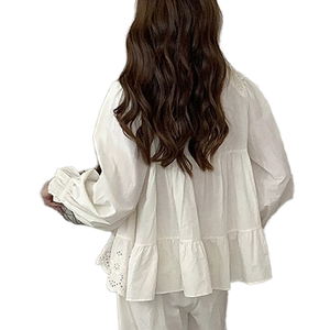 Damen Frühling Sommer Herbst Lässige Gewebte Atmungsaktive Langarm Weiße Vintage Rundhals-Bluse - Product Image 4