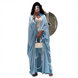Abaya longue bleu clair respirante style Moyen-Orient, manches chauve-souris froncées, robe modeste pour femme, tenue quotidienne d'été, couleur unie - Product Image 4