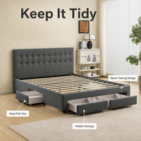 Lit moderne avec tiroirs de rangement, tête de lit capitonnée à boutons, tissu gris, taille double, lit rembourré doux avec 4 tiroirs de rangement