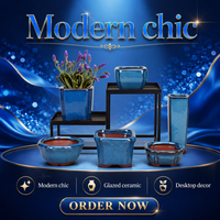 Mini pot de fleurs en céramique Yixing Zisha, glaçure bleue Jun, minimaliste, pour plantes succulentes, avec trou de drainage, pour la maison, le jardin, les bonsaïs, la pépinière, durable