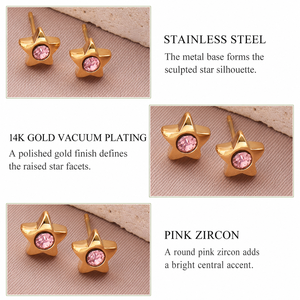Boucles d'oreilles clous étoile rose en acier inoxydable, zircon, plaqué or 14K sous vide, bijoux sculptés de 7 mm - Product Image 4