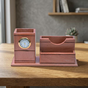 Organisateur de bureau en bois avec horloge et porte-stylo, rangement multifonctionnel pour activités promotionnelles - Product Image 2