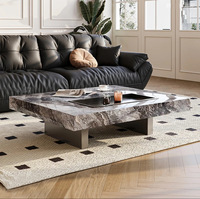 Table basse multifonctionnelle carrée en pierre Nansen de luxe, plateau en pierre, structure en bois massif, design minimaliste, meubles de salon