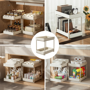 Double Layer Pull Out <b>Storage</b> Rack Stainless Steel Rectangle Kitchen Cabinet Organizer Tiered <b>Drawer</b> Style Multifunctional - Product Image 4
