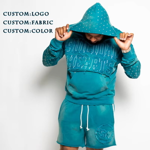 OEM Custom Heavyweight Sweatsuits Two Pieces Distressed Embroidery <strong>Patch</strong> Gym <strong>Shorts</strong> and Acid Wash Rhinestone Hoodie Sets for <strong>Men</strong> - Product Image 1