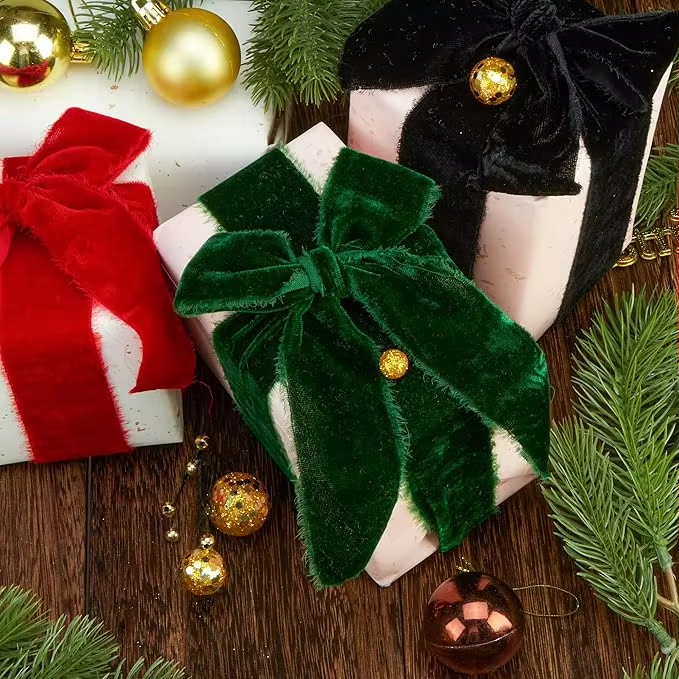 Luxury Customized Wide Green Christmas Ribbon Frayed Edge Silk Velvet Ribbons for Decoration 4cm 5cm 10cm