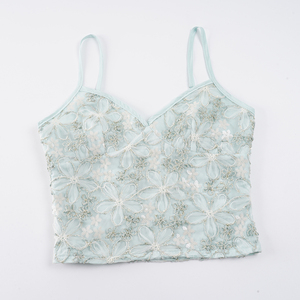 Summer Fresh Mint Green 3D Floral Print Design V Neck Cami <b>Top</b> Hot Girl Youthful Versatile Mesh Sleeveless Vest - Product Image 6