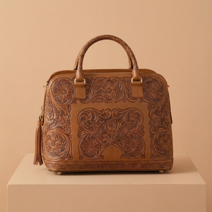 Genuine Leather Embossed Vintage Embroidered Travel <b>Backpack</b> Zipper Closure Soft Handle Shoulder Strap Polyester Lining Women - Product Image 1