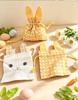 Sacs cadeaux en lin à cordon avec oreilles de lapin de dessin animé, pochettes à bonbons mignonnes brodées avec oreilles de lapin de Pâques, queue en pompon moelleuse