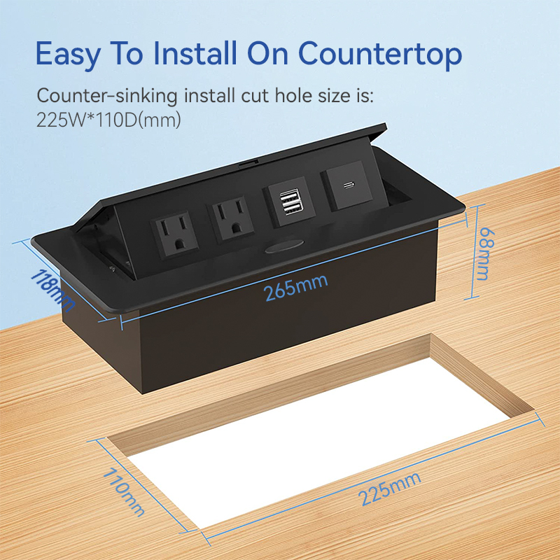 Pop-up power strip with USB C port Recessed power cord ring socket hub connection box Desktop conference room countertop pop-up