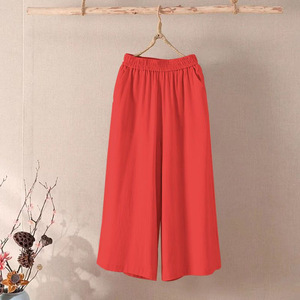 Women Cotton Linen Wide Leg Pants Elastic Waist Loose Fit Seven Point Pants Plus Size Casual Wear White Black Red Yellow Green - Product Image 3