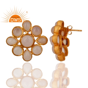 Pendientes de Calcedonia Multicolor con Diseño de Flor en Latón Chapado en Oro Amarillo, Fabricante de Joyería - Product Image 2