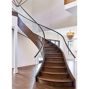 Indoor Usage And Steel Wood Stair Material Curved Wood Glass Staircase Stair Railings Indoor