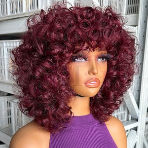 Pelucas vietnamitas baratas sin pegamento, súper doble densidad, grado 12A, con doble trama a máquina, rizadas y con volumen, 100% cabello humano virgen, con flequillo, para mujeres negras. - Product Image 4