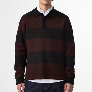 Custom Logo <strong>Men's</strong> Heavyweight Wide Stripe Rugby Sweater <strong>with</strong> Polo <strong>Collar</strong> Wool Blend Knitted Pullover <strong>Jumper</strong> in Burgundy - Product Image 1