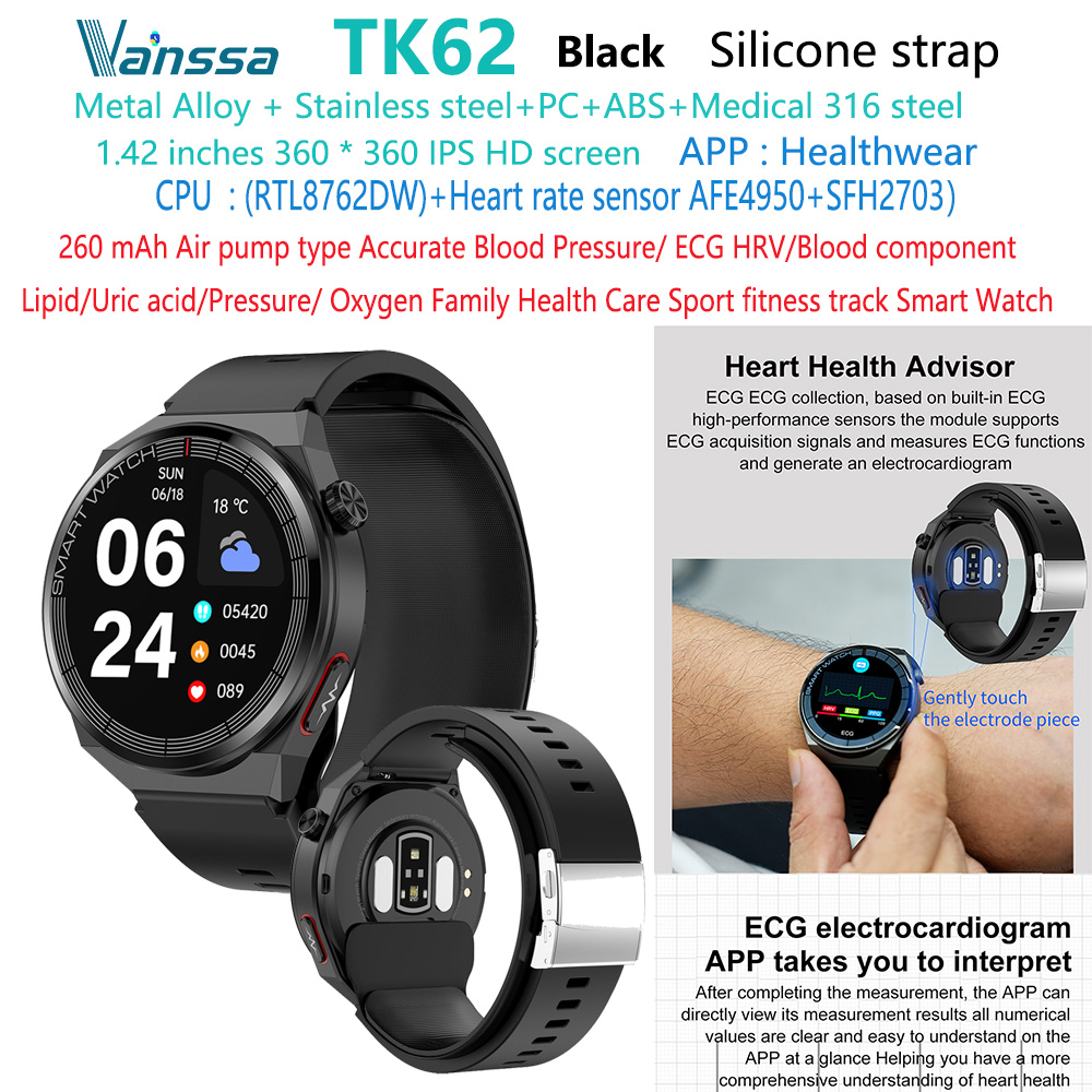 Montre intelligente noire TK62-tension artérielle-ECG-santé