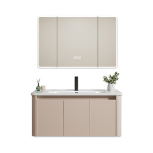 Light luxury cream style rounded ceramic integrated basin wall mounted intelligent <b>mirror</b> cabinet bathroom cabinet - Product Image 6