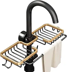DS1273 support de vidange d'évier en aluminium, espace de cuisine, rangement d'éponge porte-robinet au-dessus du robinet égouttoir à savon étagère panier organisateur
