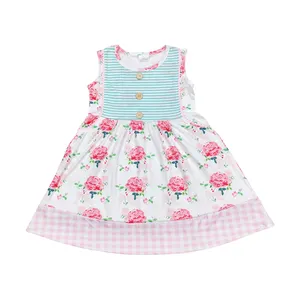GSD0886 Floral print skirt buttons pink and white check cheap children clothing children holiday boutique clothing