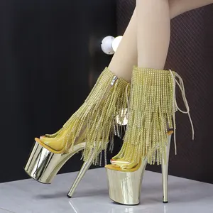 Botines Mujer Femme爪子平台超级高跟鞋金色流苏女性时尚钢管舞女靴