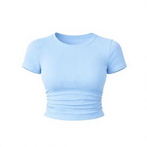 เสื้อครอปท็อปแฟชั่นผ้าฝ้ายผสมสแปนเด็กซ์สีน้ำเงิน คอกลม แขนสั้น สำหรับผู้หญิง ถักทอแบบสบายๆ เหมาะสำหรับฤดูร้อน ระบายอากาศได้ดี รับสกรีนโลโก้ - Product Image 1