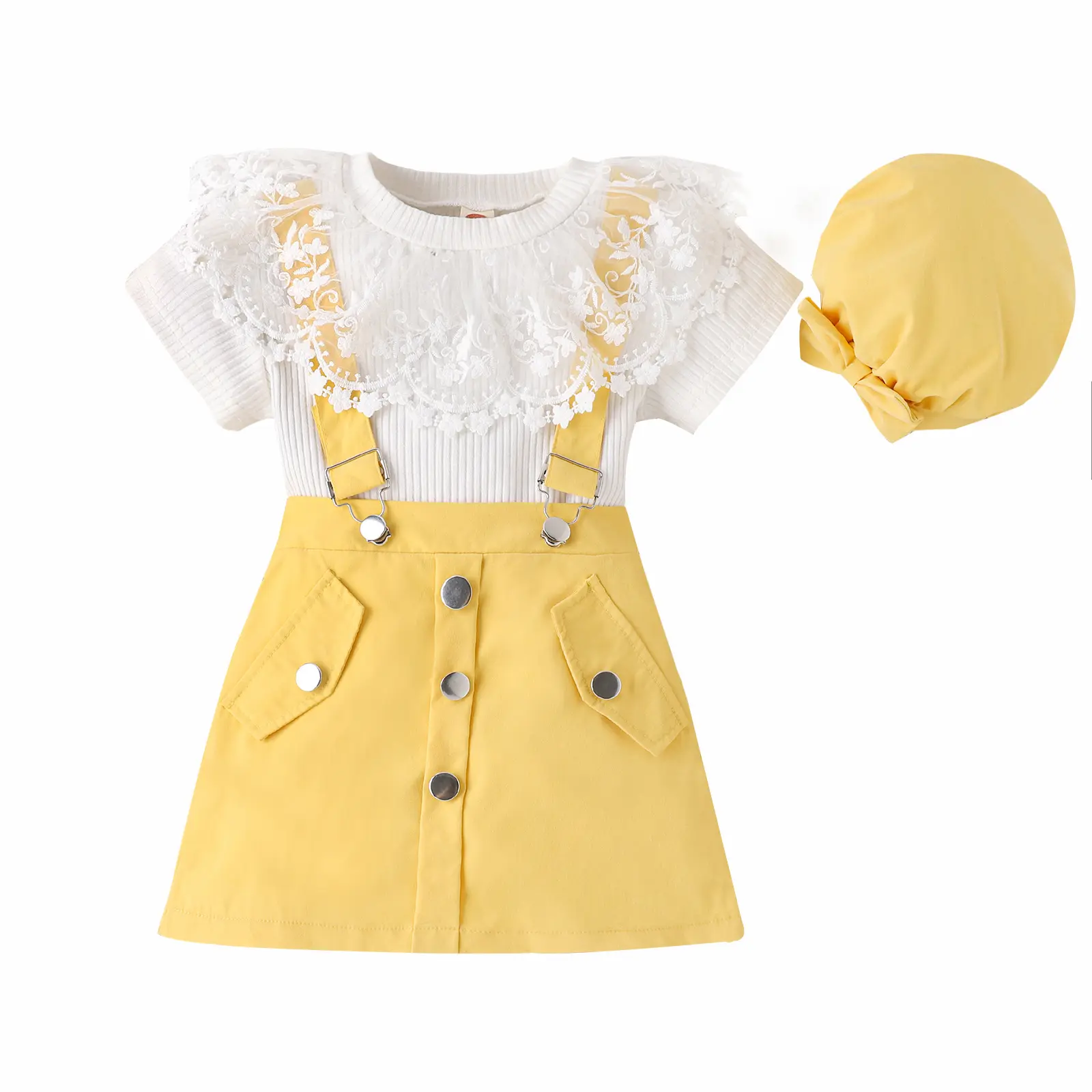 Gran oferta de verano 2023, conjunto de ropa de bebé para niña, Blusa de manga corta con cuello de muñeca de encaje con falda de tirantes con sombrero a buen precio